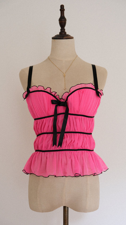 Vintage French hotpink ruffle corset (34B/75B)
