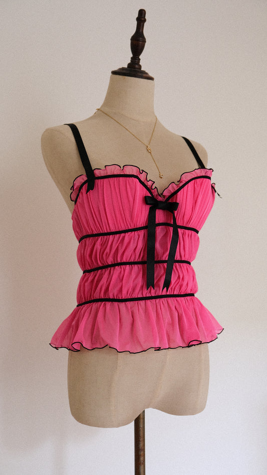 Vintage French hotpink ruffle corset (32B/70B)