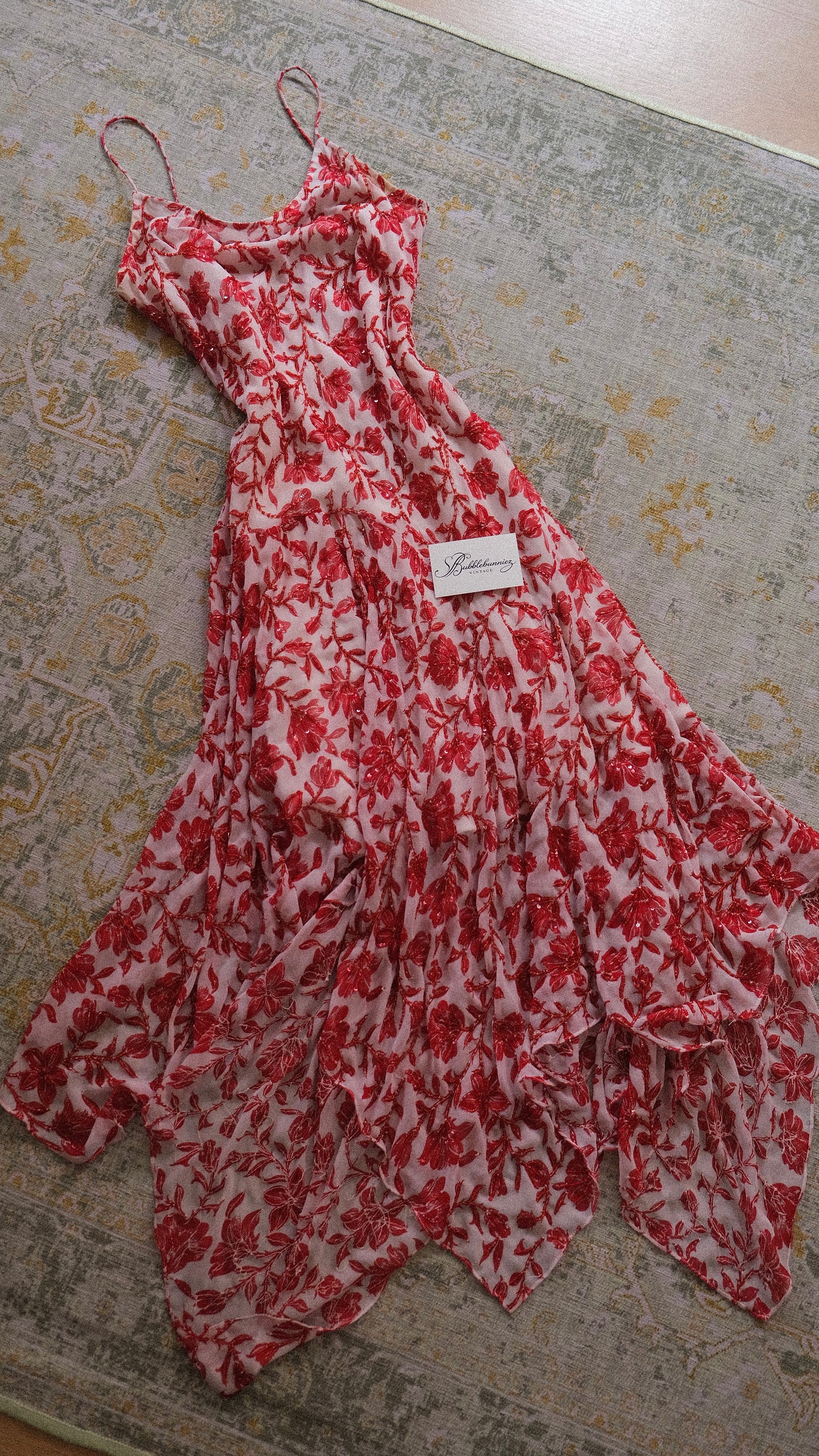 Vintage embellished white & red flutter dress (S/M-M)
