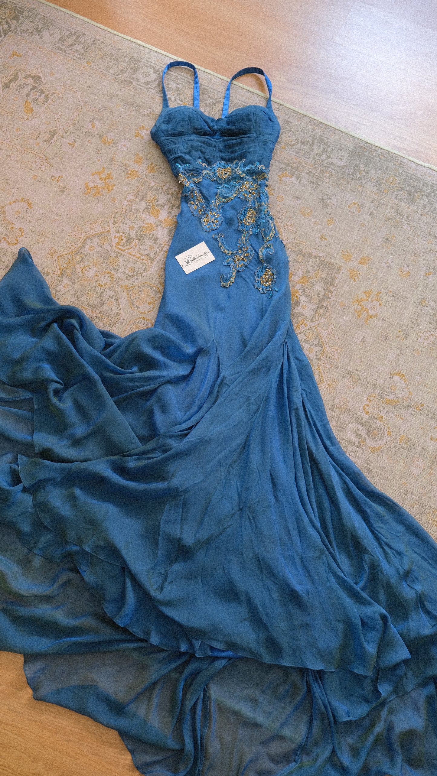 Vintage Spanish deep blue silk mermaid gown (M)