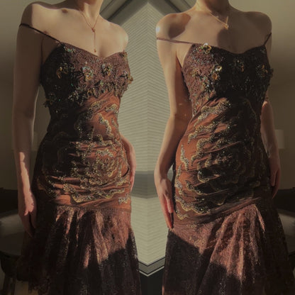 Vintage dark brown rose dress (M)