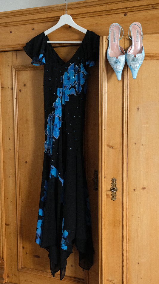 Vintage blue floral flutter dress (L)