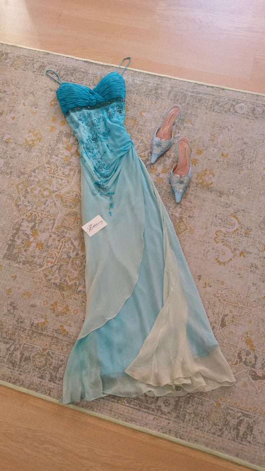 Vintage ocean blue bustier dress (M)