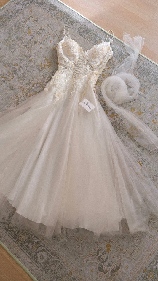 Vintage French tulle bridal bustier gown (M)