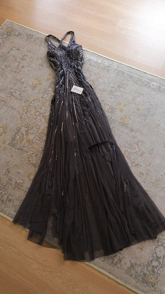 Vintage couture open back flutter dress (M)