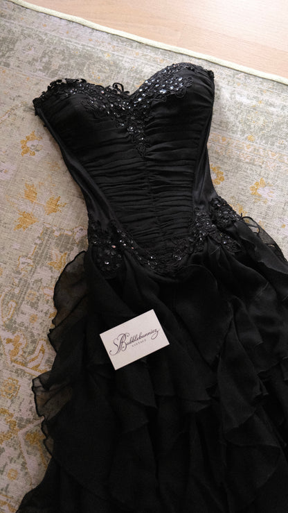 Vintage English designer black bustier ruffle dress (S-L)