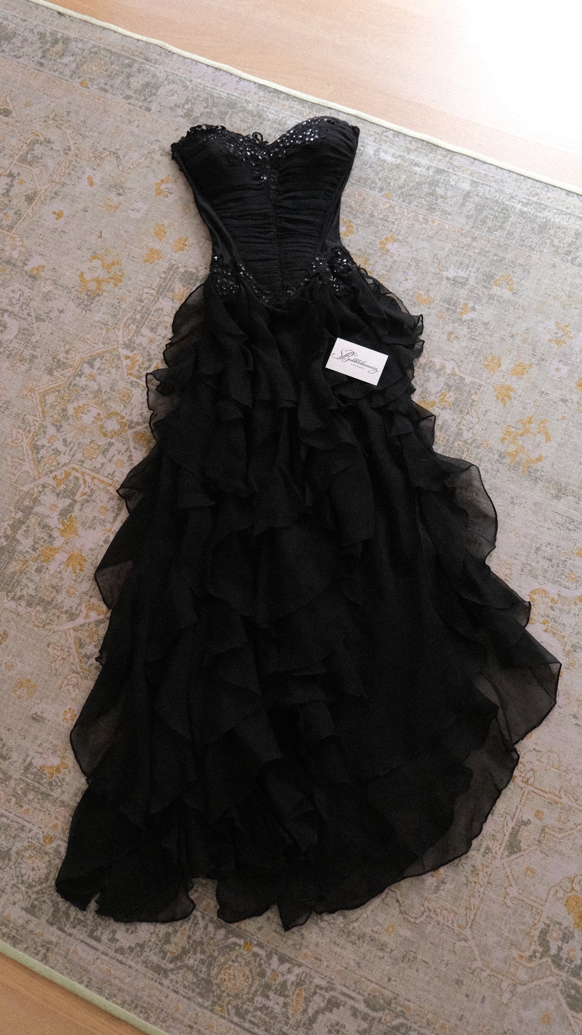 Vintage English designer black bustier ruffle dress (S-L)