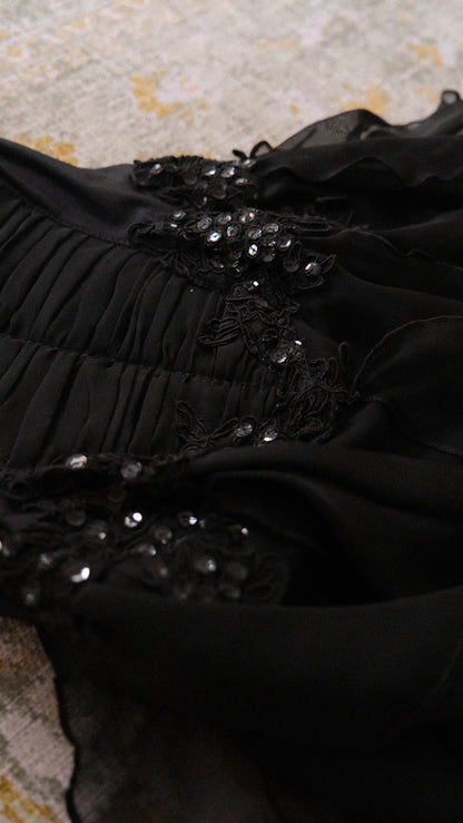 Vintage English designer black bustier ruffle dress (S-L)