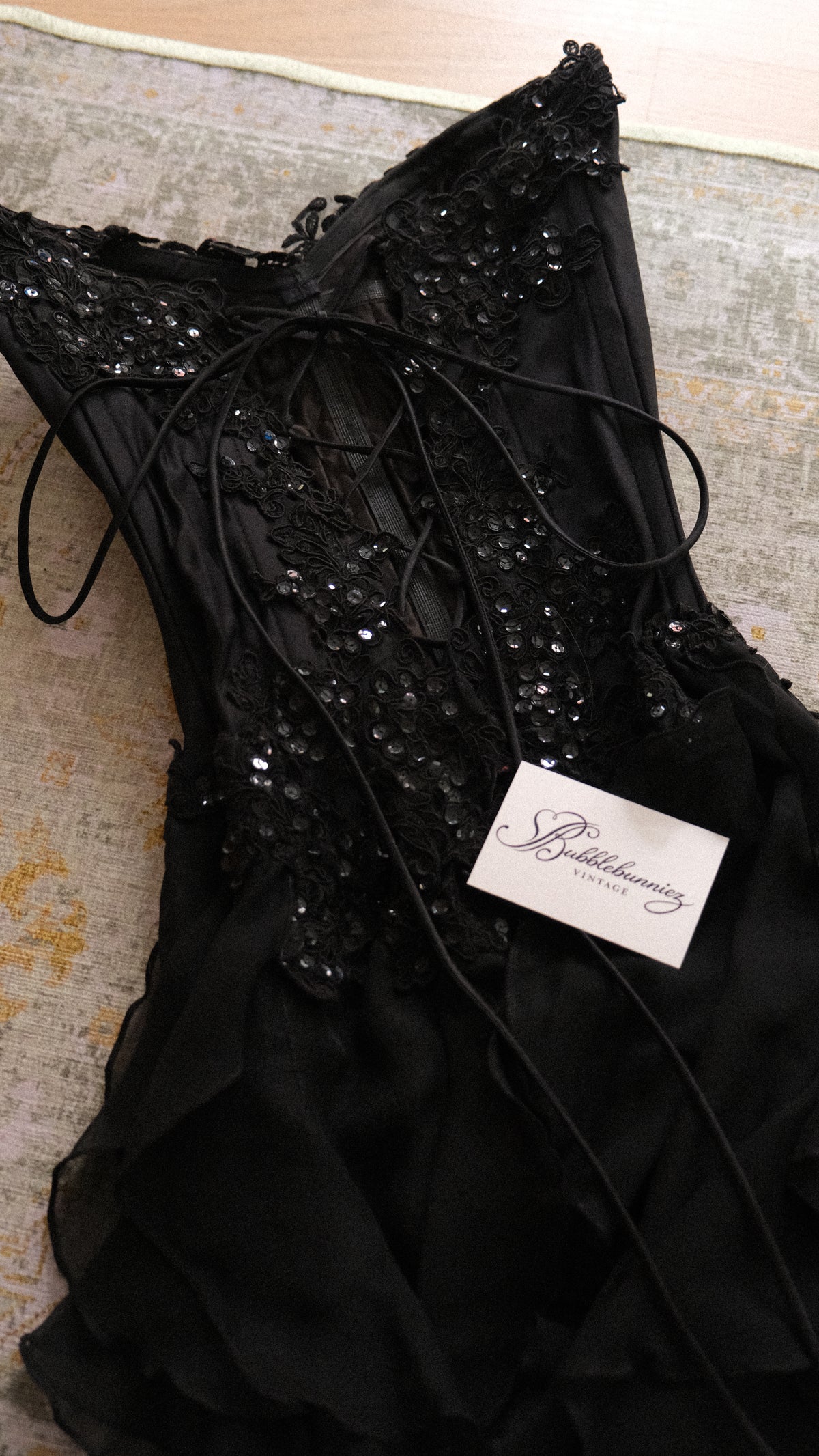 Vintage English designer black bustier ruffle dress (S-L)