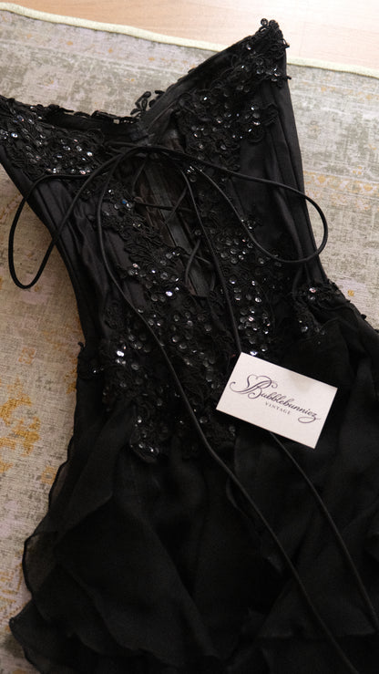 Vintage English designer black bustier ruffle dress (S-L)