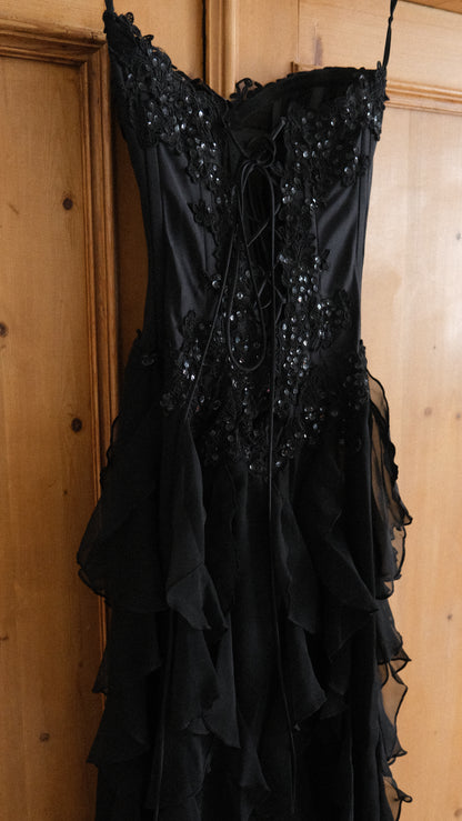 Vintage English designer black bustier ruffle dress (S-L)