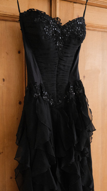 Vintage English designer black bustier ruffle dress (S-L)
