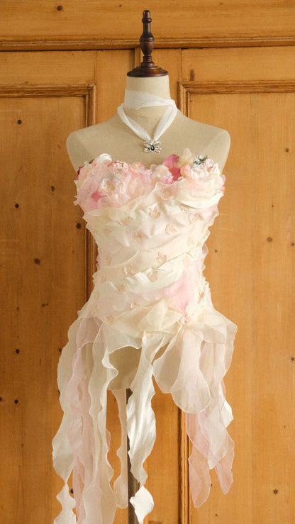 RARE Vintage floral bridal ruffle bustier (70C/32C)