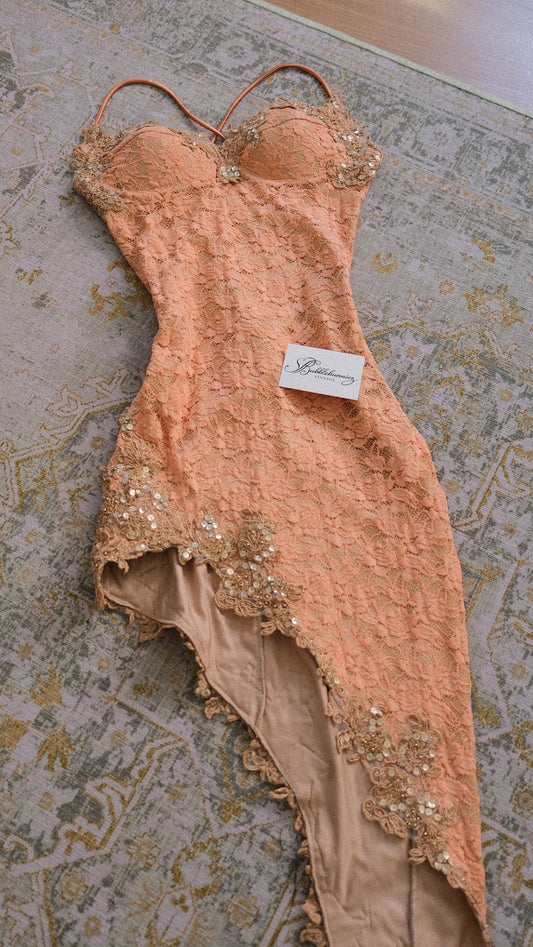 RARE Vintage English designer apricot corset dress (XS/S-M)