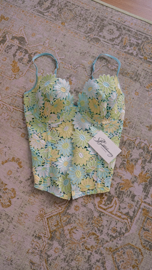 Vintage French mint & blue floral corset (75/80, 34/36, C or D cup)