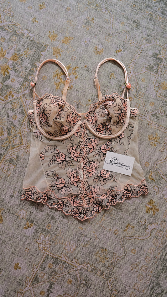 Vintage French soft pink floral corset (80C/36C)