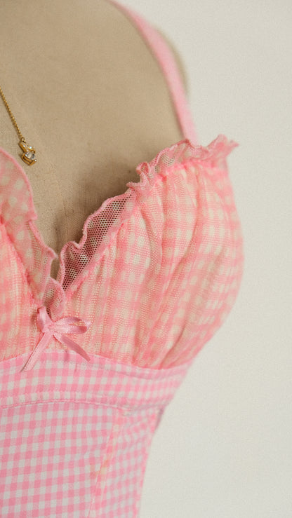 Vintage French Pink Checkered corset (34C/75C)