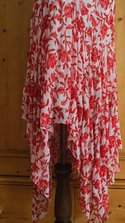 Vintage embellished white & red flutter dress (S/M-M)