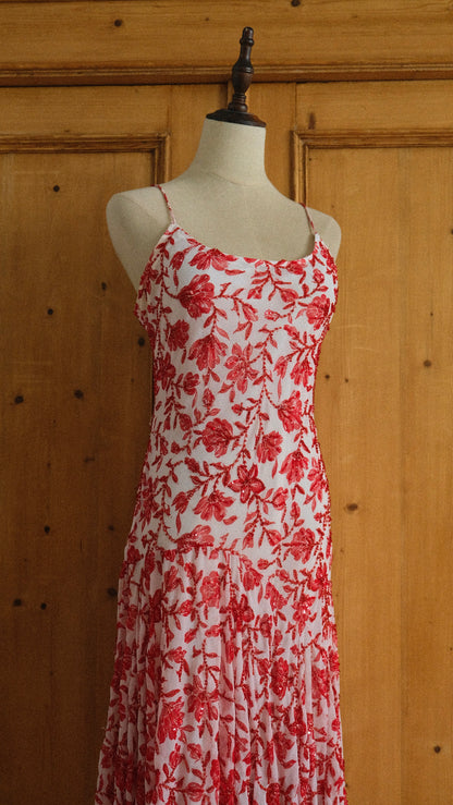 Vintage embellished white & red flutter dress (S/M-M)