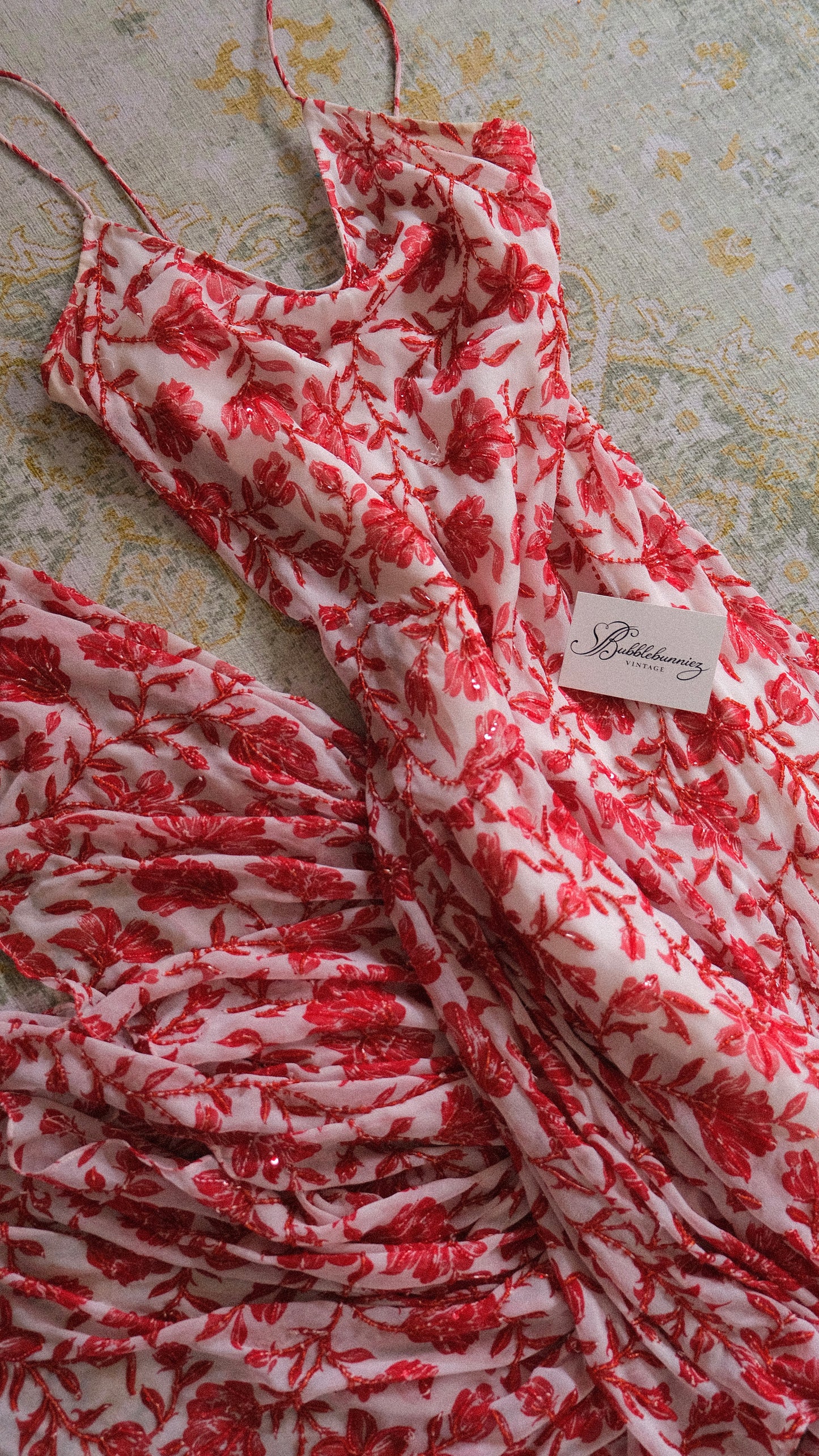 Vintage embellished white & red flutter dress (S/M-M)