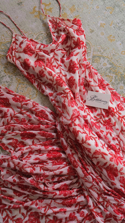 Vintage embellished white & red flutter dress (S/M-M)