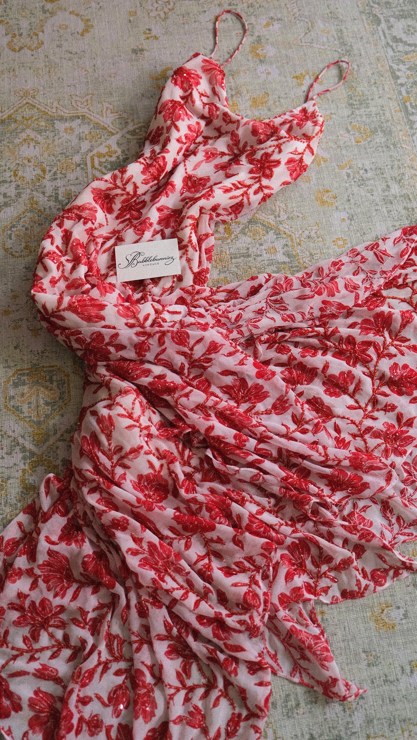 Vintage embellished white & red flutter dress (S/M-M)