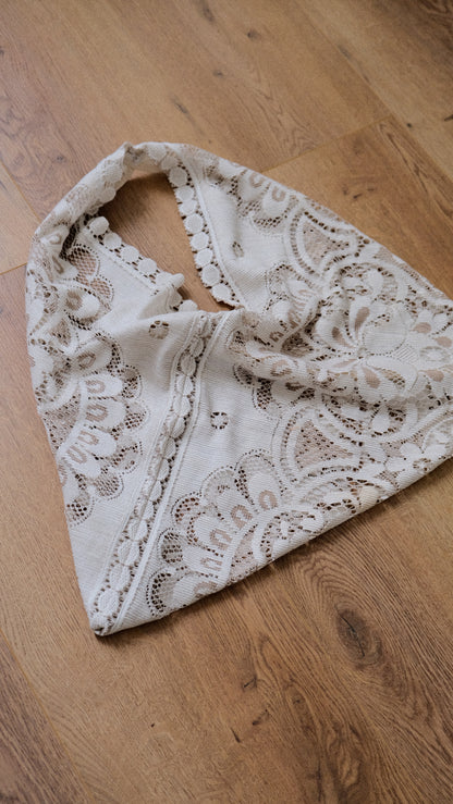 Upcycled Creme and Ivory triangle tote