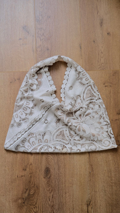 Upcycled Creme and Ivory triangle tote