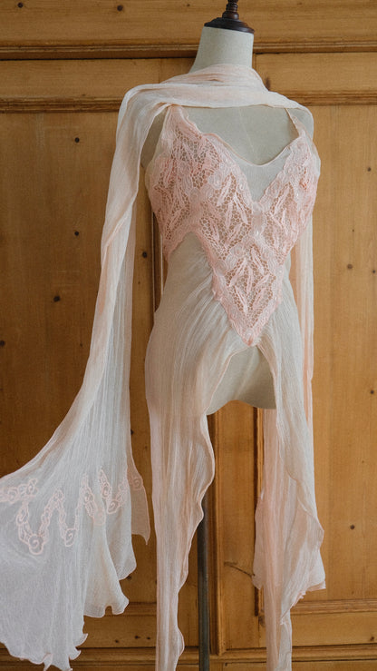 Vintage soft pink open back top with scarf (XS-M)