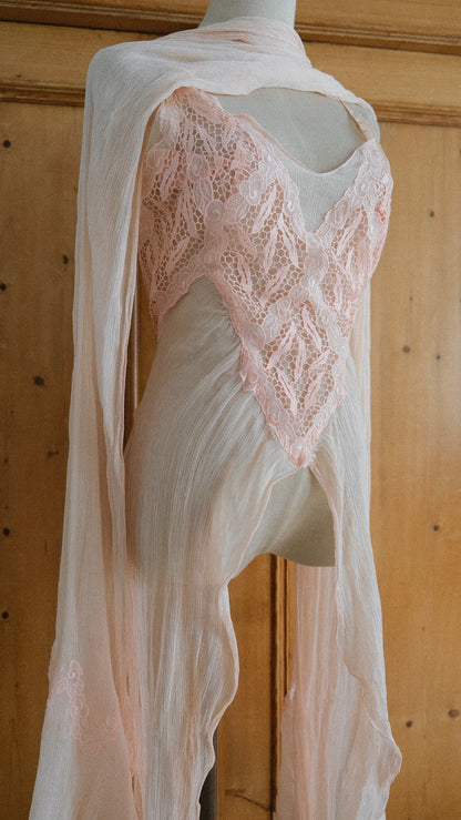 Vintage soft pink open back top with scarf (XS-M)