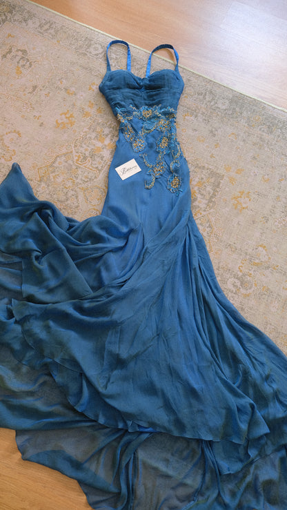 Vintage Spanish deep blue silk mermaid gown (M)