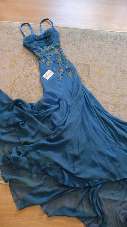 Vintage Spanish deep blue silk mermaid gown (M)