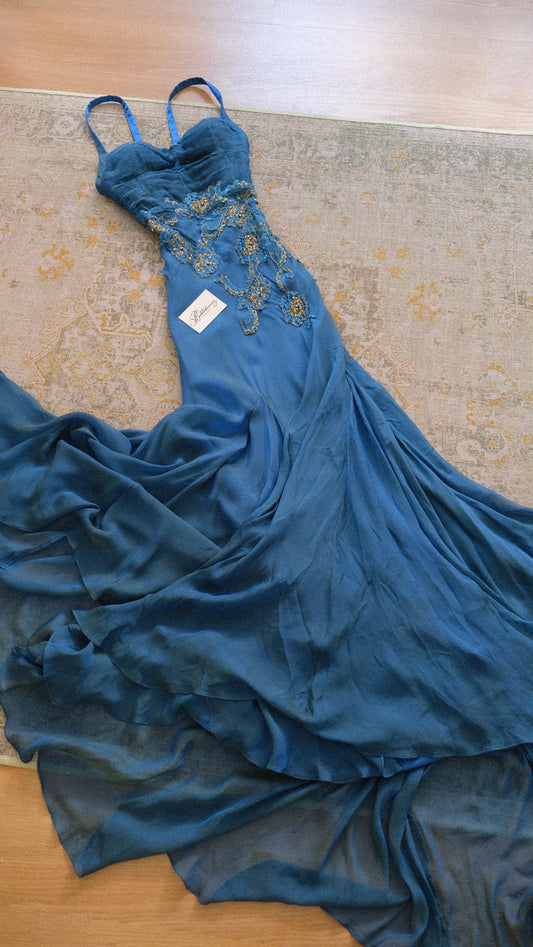 Vintage Spanish deep blue silk mermaid gown (M)