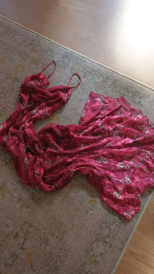 Vintage raspberry pink floral dress (S-M)