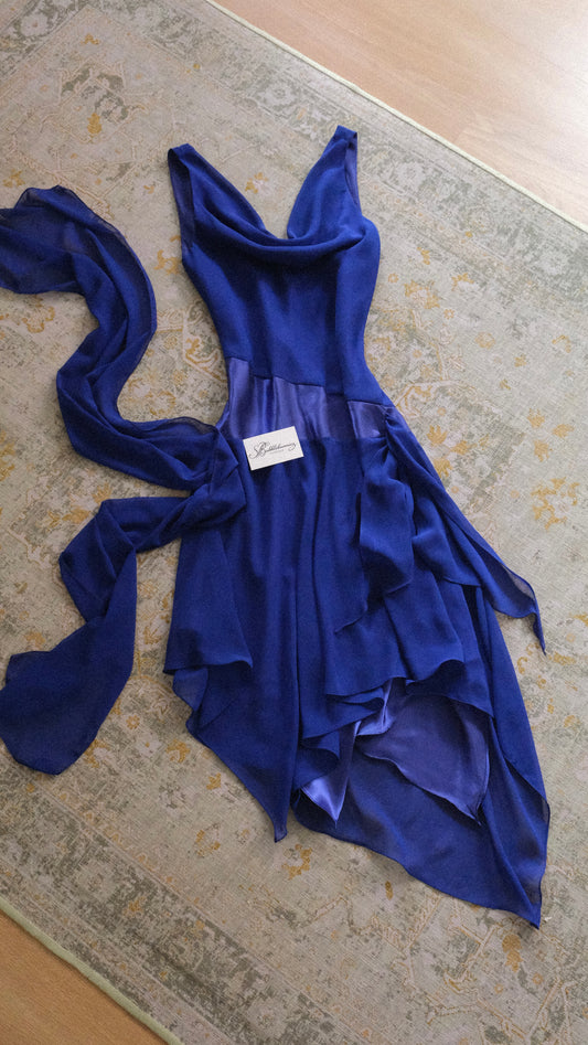 Deep blue evening dress with scarf (M)