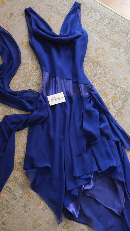 Deep blue evening dress with scarf (M)