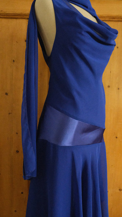 Deep blue evening dress with scarf (M)