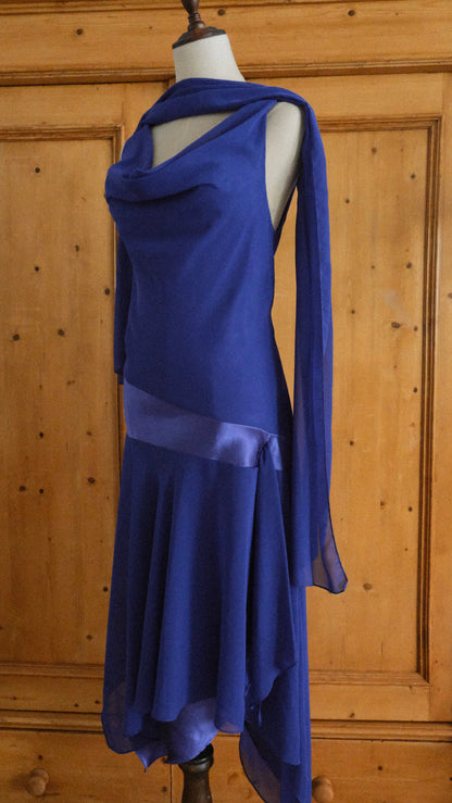 Deep blue evening dress with scarf (M)