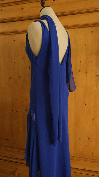 Deep blue evening dress with scarf (M)