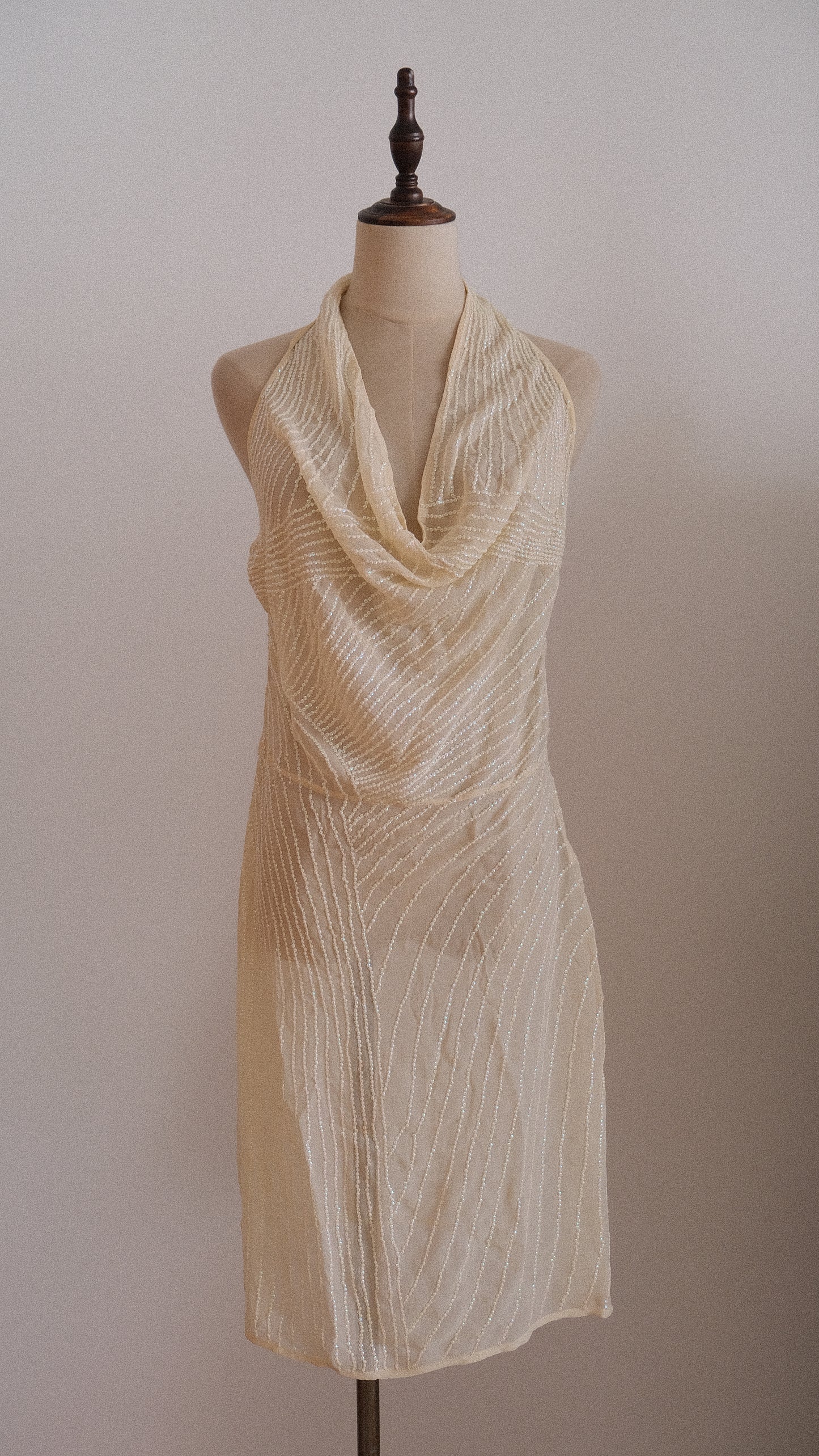 Vintage sheer ivory sequin halterdress (S-M)