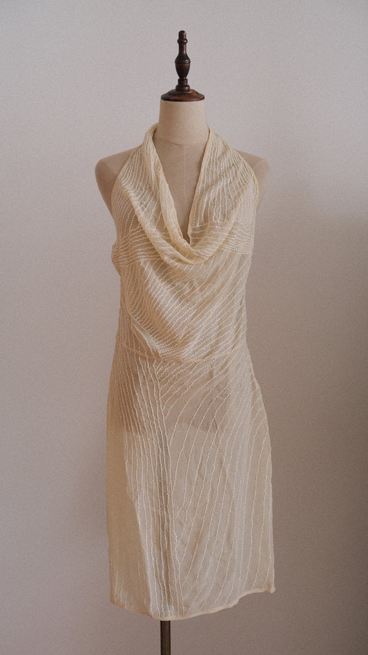 Vintage sheer ivory sequin halterdress (S-M)