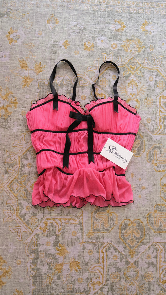 Vintage Chantal Thomass hotpink ruffle corset (32B/70B)