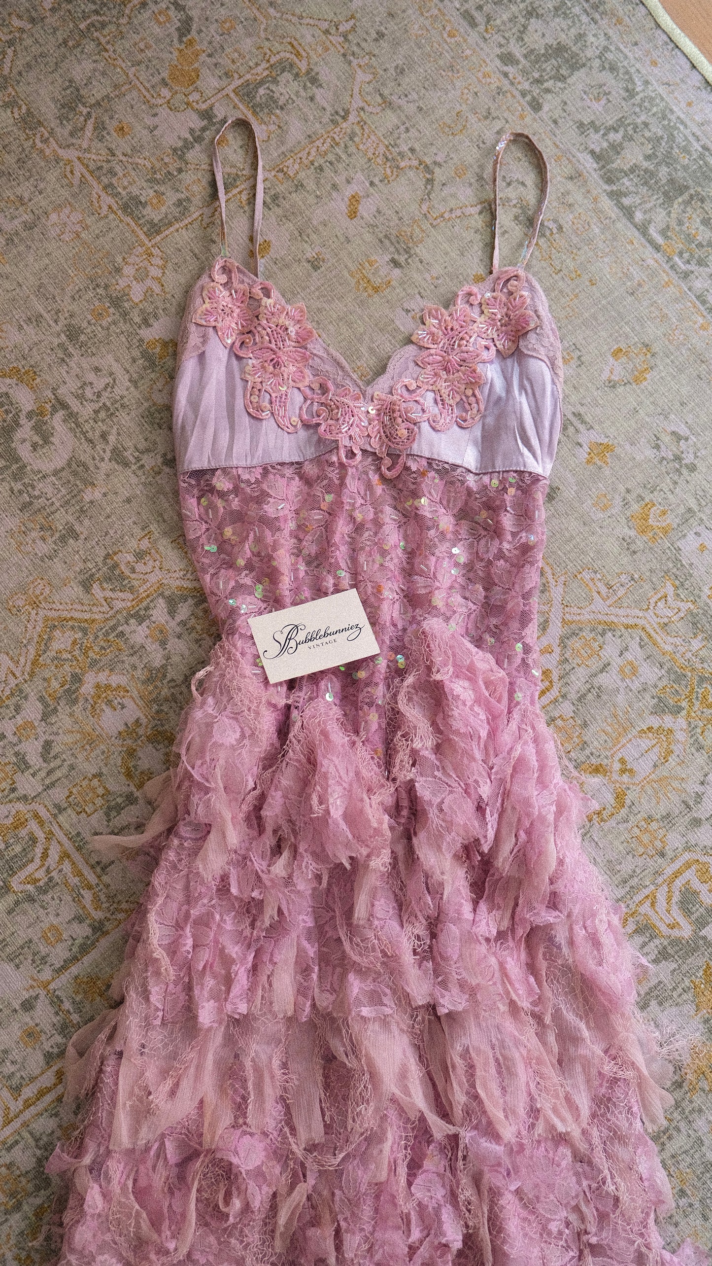 Vintage lilac flamingo ruffle dress (S-M)