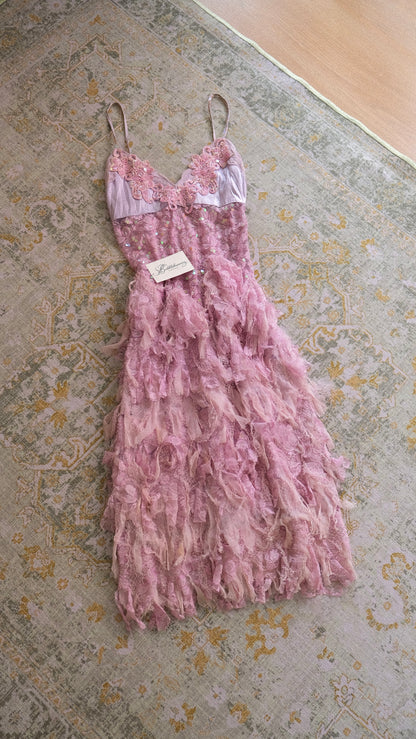 Vintage lilac flamingo ruffle dress (S-M)