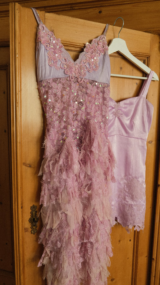 Vintage lilac flamingo ruffle dress (S-M)