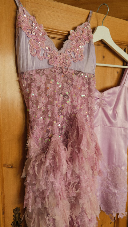 Vintage lilac flamingo ruffle dress (S-M)