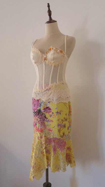 Vintage Italian yellow floral skirt (S-S/M)