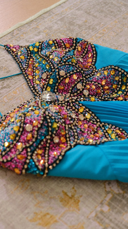 Deadstock vibrant blue butterfly bustier dress (M-L)