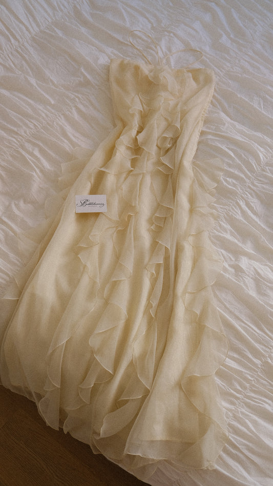 Vintage English ivory ruffle halterdress (S)