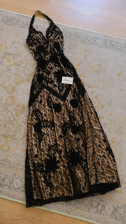 Vintage creme & black lace halterdress (M)
